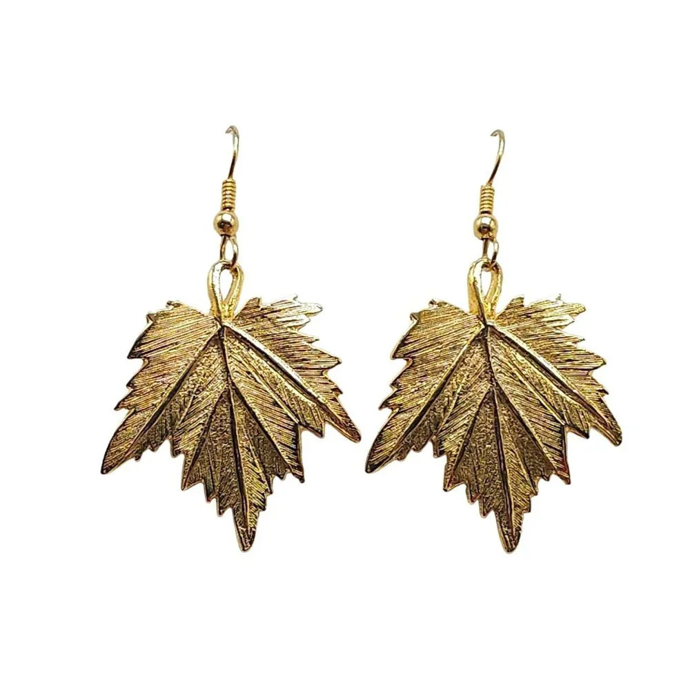 Textured Leaf Dangle Drop Earrings Hook Closure Gold Tone Vintage
